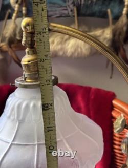 Rare VINTAGE brass table ARC LAMP FROSTED SHADE with ceramic flowers
