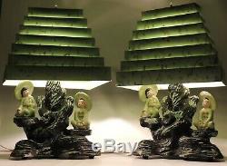 Rare VTG MCM Set Silvestai Bros 1955 Asian Table Lamps Venetian Shades Japanese