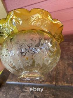 Rare Victorian Gas Lamp fixture sconce SHADE 2-5/8 fitter Etched Ruffled Yellow