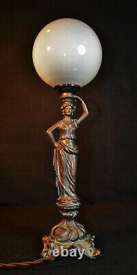 Rare Vintage 1940s bronze figural lamp art deco Opaline milk glass globe shade