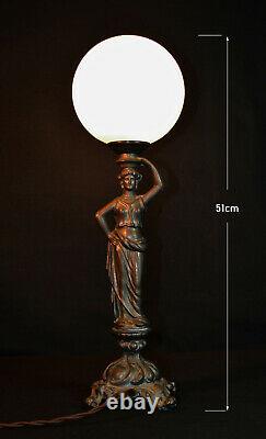 Rare Vintage 1940s bronze figural lamp art deco Opaline milk glass globe shade