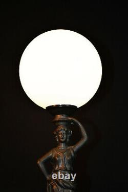 Rare Vintage 1940s bronze figural lamp art deco Opaline milk glass globe shade