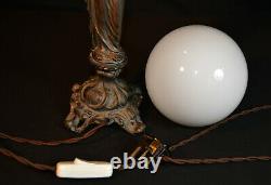 Rare Vintage 1940s bronze figural lamp art deco Opaline milk glass globe shade