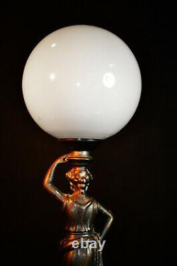 Rare Vintage 1940s bronze figural lamp art deco Opaline milk glass globe shade