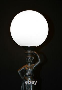 Rare Vintage 1940s bronze figural lamp art deco Opaline milk glass globe shade