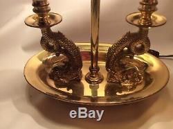 Rare Vintage Brass Bouillotte Desk Lamp- Black Metal Shade KOI base double candl