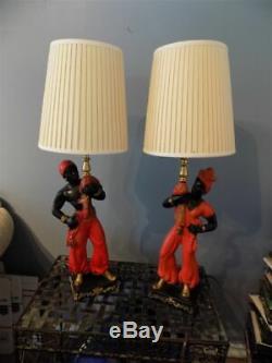 Rare Vintage Chalkware Black Americana Blackamoor Gennie Lamps With Lamp Shades
