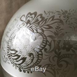 Rare Vintage Etched Frosted Glass Oil Kerosene or Hanging Lamp Shade 14'