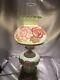 Rare Vintage Hedco Hurricane Lamp With Green Glass Shade With Painted Flowers