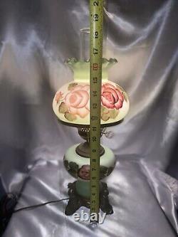 Rare Vintage Hedco Hurricane Lamp With Green Glass Shade With Painted Flowers