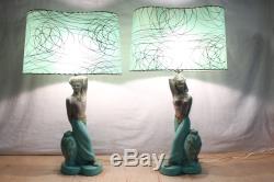 Rare Vintage Pair REGLOR CHALKWARE LAMPS Majestic withShades Genie & Wife