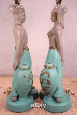 Rare Vintage Pair REGLOR CHALKWARE LAMPS Majestic withShades Genie & Wife