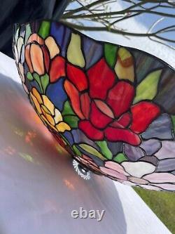 Rare Vintage Stained Glass Hanging Shade Tiffany Style Flowers 23.25 D 8 H