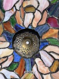 Rare Vintage Stained Glass Hanging Shade Tiffany Style Flowers 23.25 D 8 H