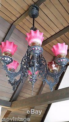 Rare Vtg 1877 Antique Pink Opaline Victorian Polka Dot Art Glass Oil Lamp Shade