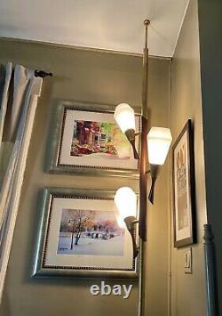 Rare Vtg Tension Pole Floor To Ceiling 3 Light Frosted Glass Lamp Shades Danish