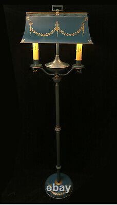 Rare Vtg Tole Painted Bouillotte Style Metal Shade Floor Lamp, Blue & Gold