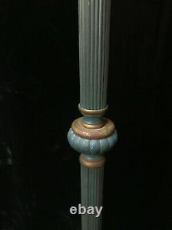 Rare Vtg Tole Painted Bouillotte Style Metal Shade Floor Lamp, Blue & Gold