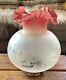 Ruffled Cranberry Satin Etched Glass Oil Lamp Shade Globe Oil Lamp Vtg Antique