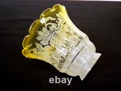 SET 4 Antique 1890s Yellow Edge Floral Etched Electric Lamp Shades 2-1/4 Fitter