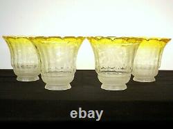 SET 4 Antique 1890s Yellow Edge Floral Etched Electric Lamp Shades 2-1/4 Fitter