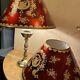 Set Of 2 Vtg Victorian Art Deco Mcm Lamp Shades Red Applied Gold Bell Shape 19.5