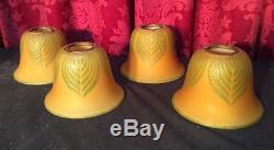 Set Of 4 Decorated Vintage Art Glass Arts & Crafts Lamp Shades