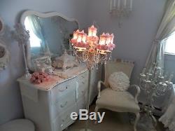 SHABBY VTG. VICTORIAN 6-ARM FLOOR CANDELABRA LAMP With PINK ROSE LAMP SHADES &