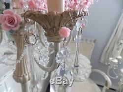 SHABBY VTG. VICTORIAN 6-ARM FLOOR CANDELABRA LAMP With PINK ROSE LAMP SHADES &