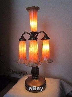 SIX SIGNED QUEZAL ART GLASS LAMP SHADES WITH VINTAGE BASE THAT HOLDS FIVE