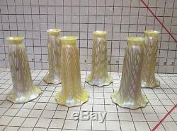 SIX SIGNED QUEZAL ART GLASS LAMP SHADES WITH VINTAGE BASE THAT HOLDS FIVE