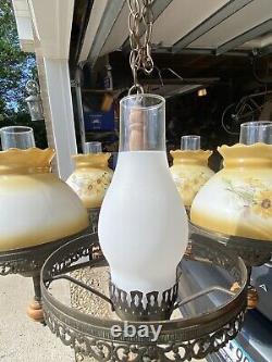 STUNNING Vintage 5 Light Yellow Daisy Chandelier Hurricane Lamp Shade