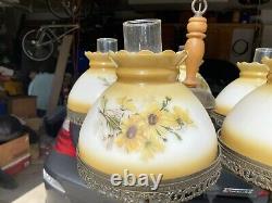 STUNNING Vintage 5 Light Yellow Daisy Chandelier Hurricane Lamp Shade