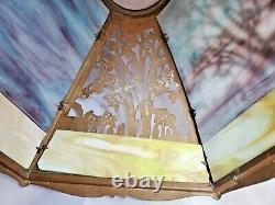 Scenic LAMP SHADE 12 panel SLAG GLASS antique FILIGREE overlay 1 glass missing