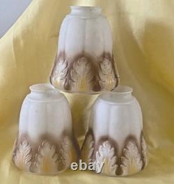 Set 3 Art Deco Beige & White Leaf Satin Glass Shades For Ceilings Light Fixture
