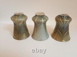 Set 3 vintage green white pulled feather lamp shades art glass iridescent 5.75