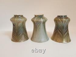 Set 3 vintage green white pulled feather lamp shades art glass iridescent 5.75