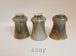 Set 3 vintage green white pulled feather lamp shades art glass iridescent 5.75