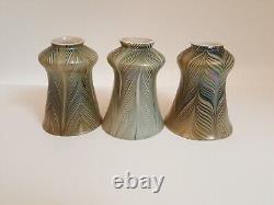 Set 3 vintage green white pulled feather lamp shades art glass iridescent 5.75