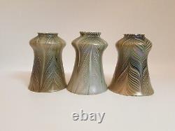 Set 3 vintage green white pulled feather lamp shades art glass iridescent 5.75