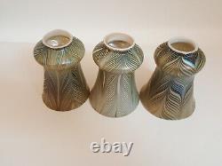 Set 3 vintage green white pulled feather lamp shades art glass iridescent 5.75