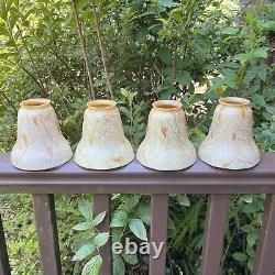 Set 4 Marked Steuben Glass Shades Hanging Hearts / Leaf & Vine Calcite w Aurene