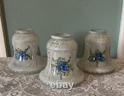 Set Of 3 Vintage Reverse Painted Floral Glass Bell Shape Lamp Light Shades 5 H