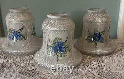 Set Of 3 Vintage Reverse Painted Floral Glass Bell Shape Lamp Light Shades 5 H