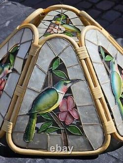 Set of 2 Vintage 1970s Capiz Shell Bamboo Lampshades Hummingbird Floral MCM RARE