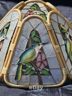 Set of 2 Vintage 1970s Capiz Shell Bamboo Lampshades Hummingbird Floral MCM RARE