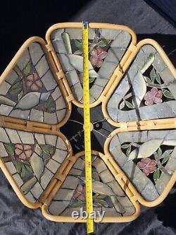 Set of 2 Vintage 1970s Capiz Shell Bamboo Lampshades Hummingbird Floral MCM RARE