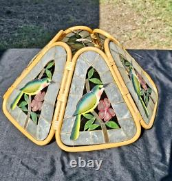 Set of 2 Vintage 1970s Capiz Shell Bamboo Lampshades Hummingbird Floral MCM RARE