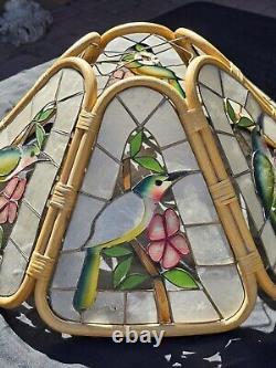 Set of 2 Vintage 1970s Capiz Shell Bamboo Lampshades Hummingbird Floral MCM RARE