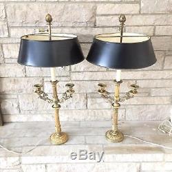Set of 2 Vintage French Gilt Bronze & Tole Bouillotte Table Lamps Metal Shades
